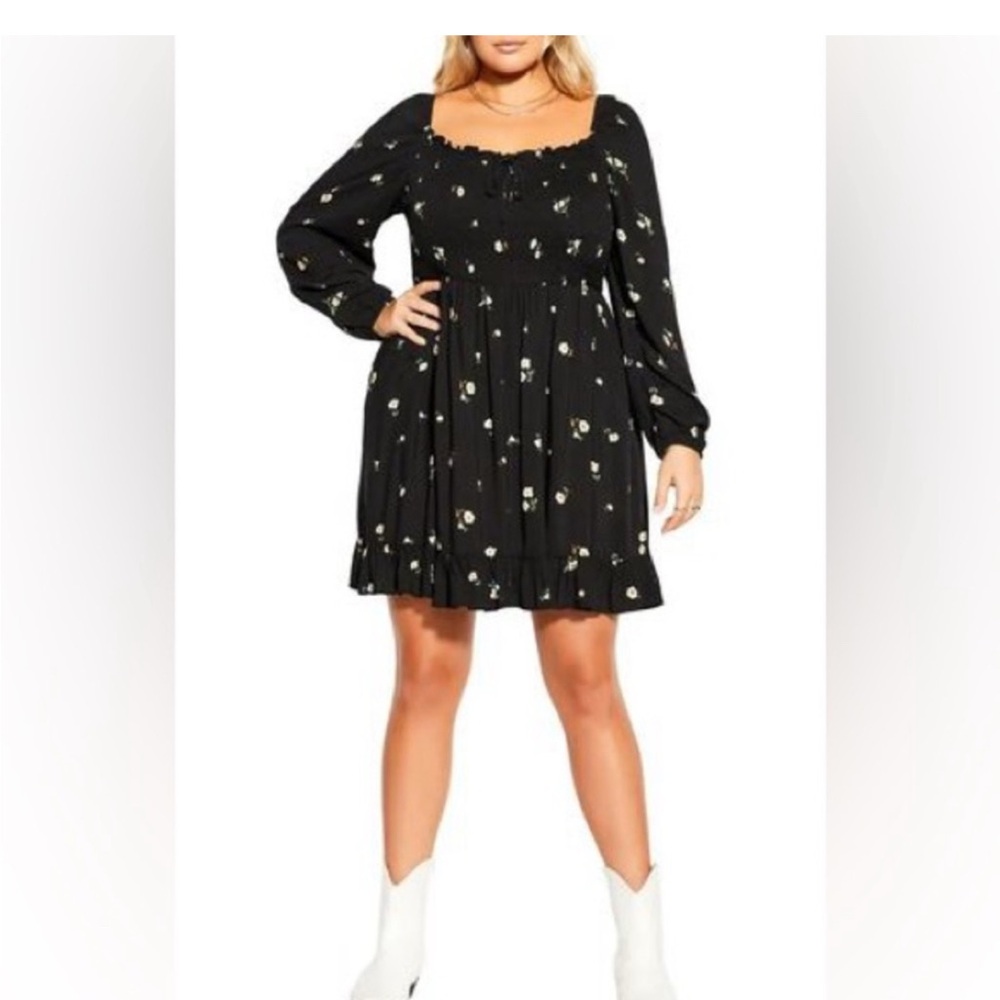 City Chic Darling Ditsy Black Floral Print Smocked Long Sleeve Dress Size 18